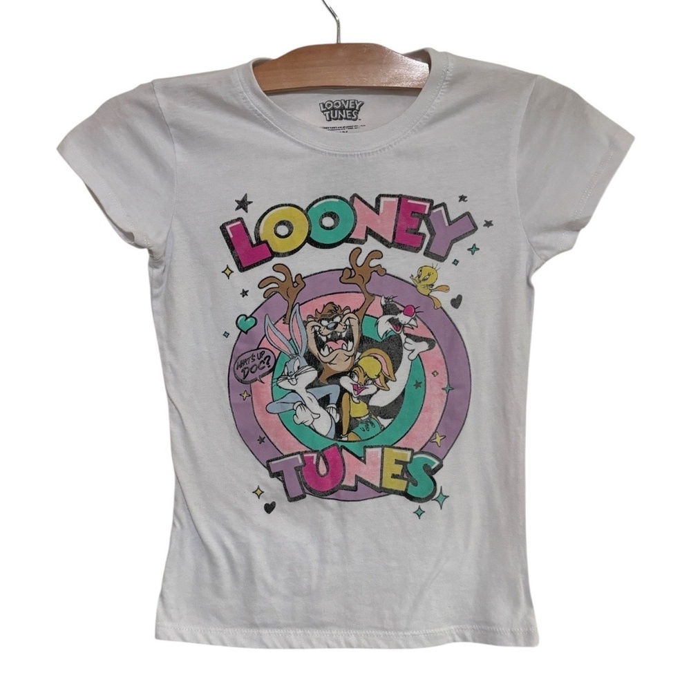 Vtg Y2K Looney Tunes Baby T-Shirt sz M White Tee Bugs Bunny Tweety Sylvester Taz
